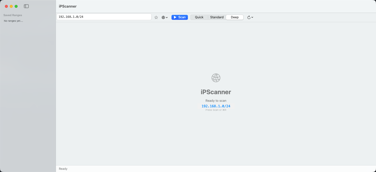 iPScanner empty state with auto-detected subnet ready to scan